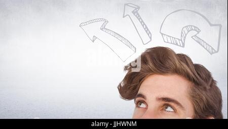 Top of man's head looking up at upward 3D arrows against white wall Stock Photo