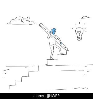 Business Man Walking On Stairs Up To Light Bulb New Idea For Startup Concept Stock Vector