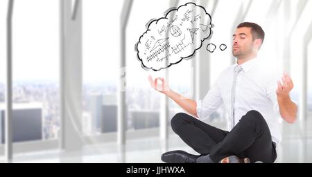 Business man meditating against window with 3D thought cloud showing math doodles