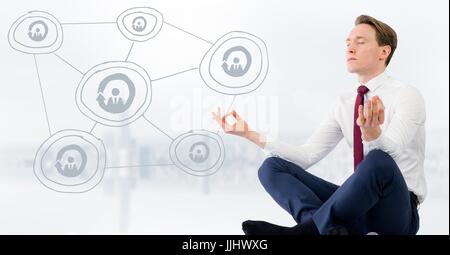 Business man meditating against blurry white skyline with 3D network doodle Stock Photo