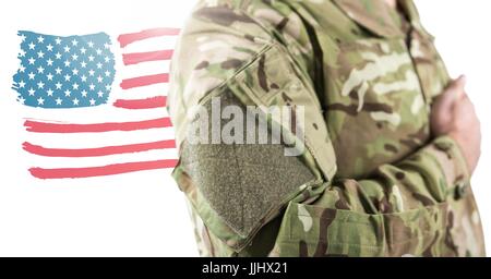 Close up of soldier with hand on heart in front of american flag drawing Stock Photo