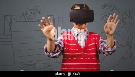 Boy in virtual reality headset against grey hand drawn office Stock Photo