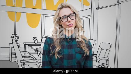 Millennial woman against 3D grey and yellow hand drawn office Stock Photo