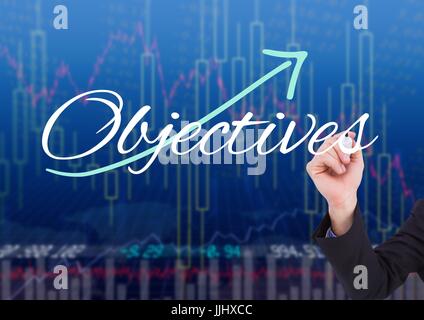 Hand of business person writing OBJECTIVES in the screen with stock market background Stock Photo
