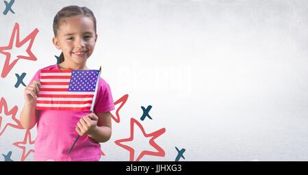 Girl smiling and holding american flag against white wall with hand drawn star pattern Stock Photo