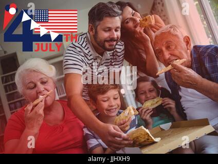 Fourth of July graphic with flags and ice cream against family eating pizza with red overlay Stock Photo