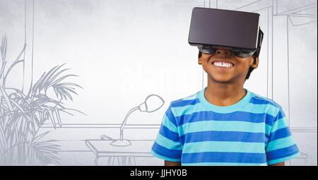 Boy in virtual reality headset against white 3D hand drawn office Stock Photo