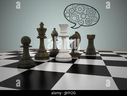3D Chess pieces against grey background and speech bubble with cogs Stock Photo