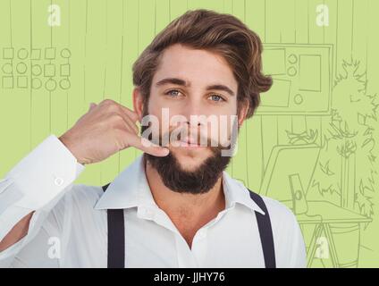 Millennial man making phone gesture against green hand drawn office Stock Photo