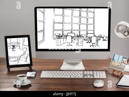 desk with tablet, computer and phone. 1 office blueprint in each one. (all white and black) Stock Photo