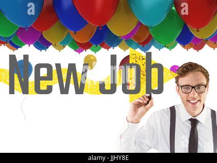 Young happy businessman with balloons behind writing NEW JOB on the screen Stock Photo