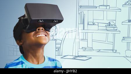 Boy in virtual reality headset against 3D blue hand drawn office Stock Photo