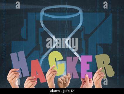 Hands holding 3D letters of HACKER in front of digital blue background Stock Photo