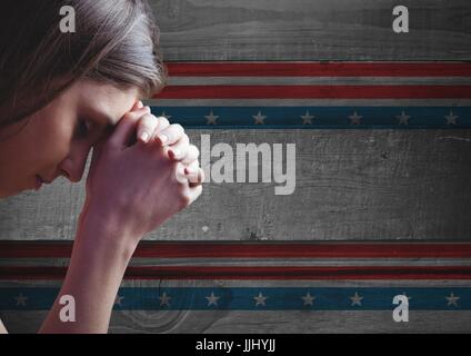 Thinking woman against american flag background Stock Photo