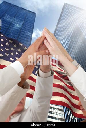 Businessmen raising hands up for independence day Stock Photo