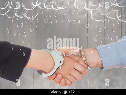 3d Handshake with handcuffs against grey wood panel and white rain doodle Stock Photo