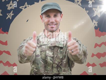 Soldier giving two thumbs up against hand drawn american flag with flare Stock Photo