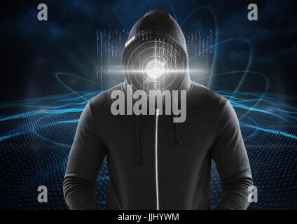 Hacker with a digital circle on his face in front of digital blue background Stock Photo