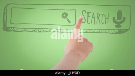 Hand pointing at 3D search bar against green background Stock Photo