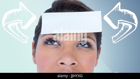 Woman with 3D white curved arrows pointing to card on head against blue background Stock Photo