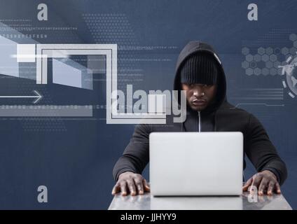 Hacker using a laptop in a 3D dark room Stock Photo