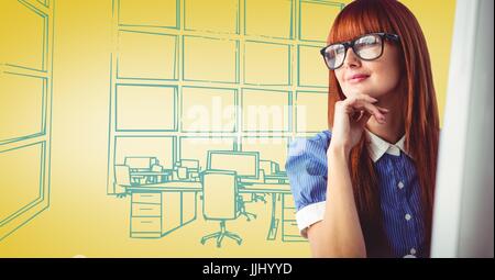 Milennial woman at computer against 3D yellow and blue hand drawn office Stock Photo