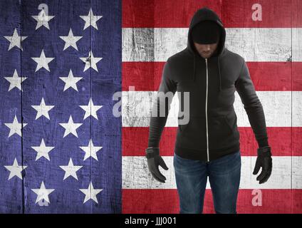 man with covered face against american flag Stock Photo