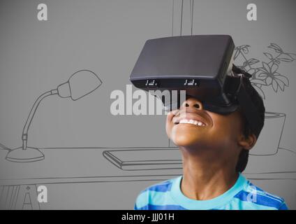 Boy in virtual reality headset against 3D grey hand drawn office Stock Photo