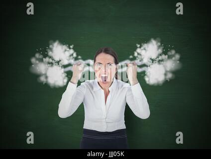 anger young woman shouting with 3D steam on ears. Dark green background Stock Photo