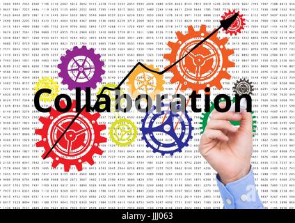 Collaboration write on the screen with color cogs. Numbers background Stock Photo