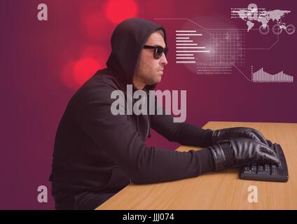 3d Hacker typing on a keyboard in front of red background Stock Photo