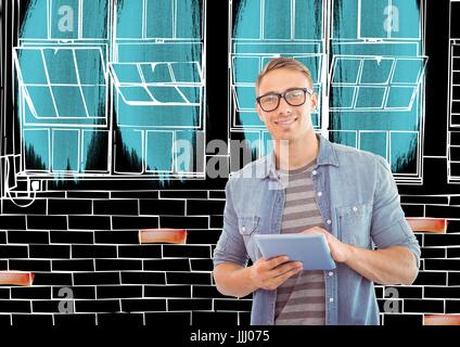 young happy on front of new office wall lines in negative (black back and white lines) with color de Stock Photo