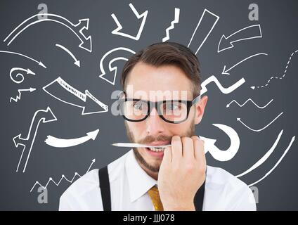 3d Frustrated business man with pen in mouth against grey background and white arrow graphics Stock Photo