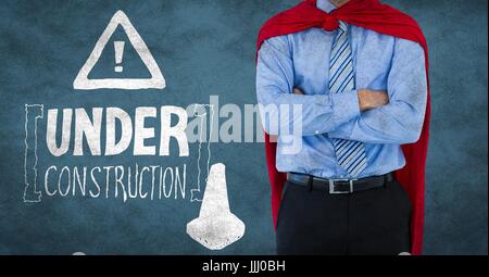 Business man superhero mid section against blue background with white construction doodle and grunge Stock Photo