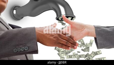 Close-up of business people shaking hands with money flowing from tap Stock Photo
