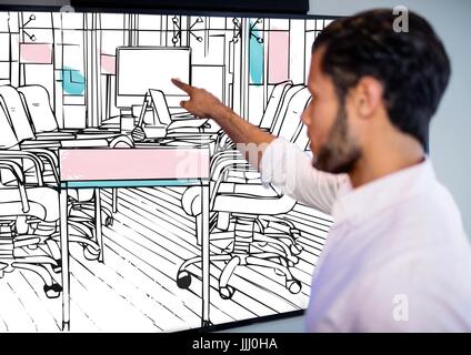 businessman (blurred) pointing the big screen with 3D new office lines (black and white with pink an Stock Photo