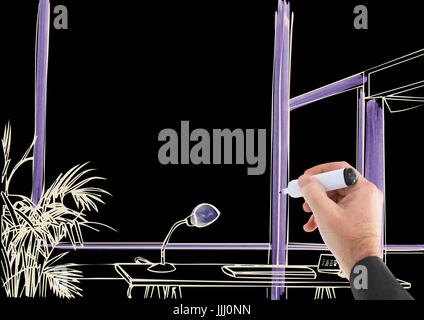 3D hand drawing office lines in negative (white lines and black background) with purple details Stock Photo