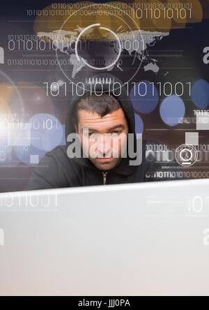 Close up of hacker using a laptop behind a 3D digital screen Stock Photo