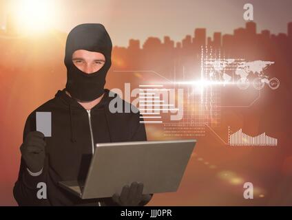3D Hacker holding a credit card and using a laptop in front of digital background Stock Photo