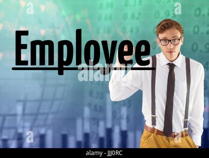 Young man writing EMPLOYEE on the screen against 3d Stock market background Stock Photo