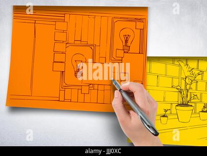hand drawing office red lines on orange paper stick on the wall. 1 blueprint more in yellow papers, Stock Photo