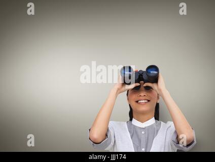 Happy woman looking through binoculars against brown background 3d Stock Photo