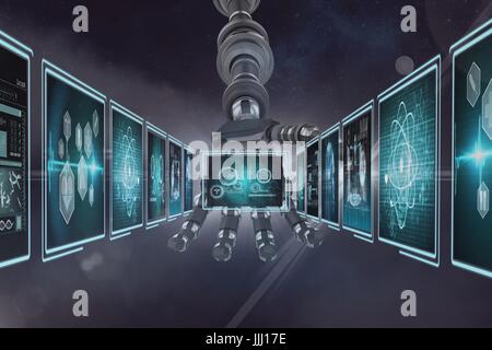 3D robot hand holding medical interfaces against purple background with flares Stock Photo