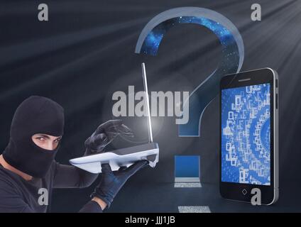 Hacker using a laptop in front of digital background with digital smartphone and question mark Stock Photo