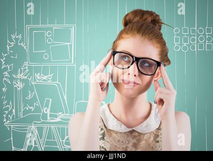3d Millennial woman thinking against aqua and white hand drawn office Stock Photo