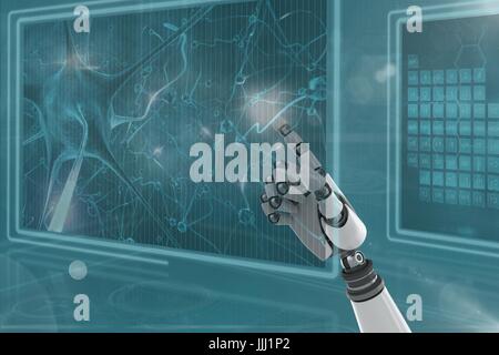 3D robot hand interacting with medical interfaces against blue background with flares Stock Photo