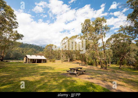 Geehi Flats Campground on the Swampy Plains River in the Snowy Mountains, New South Wales, Australia Stock Photo