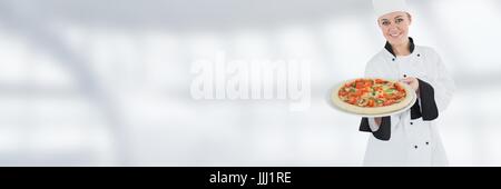 Chef holding pizza with blurred background 3d Stock Photo