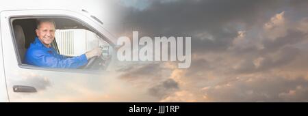 Delivery Courier in van with transition effect and copy space Stock Photo