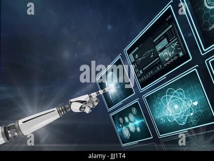 3D robot hand interacting with medical interfaces against purple background with flares Stock Photo